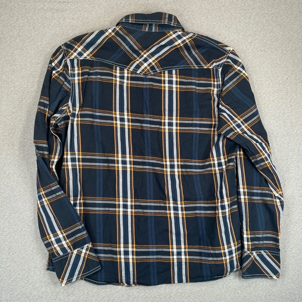 True Religion Western Pearl Snap Shirt Mens Large Plaid Navy Orange Horseshoe
